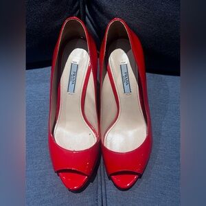 Prada Red Patent Leather Peep-Toe Heels